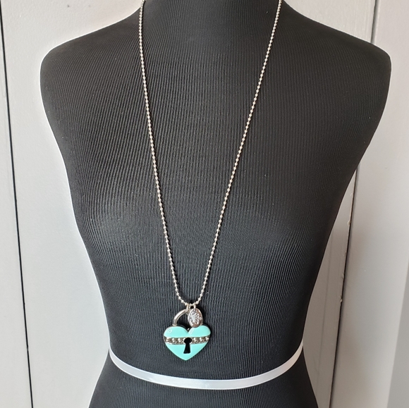 MIA Jewelry - Mia Heart Lock, Long Ball Chain Necklace-Turquoise